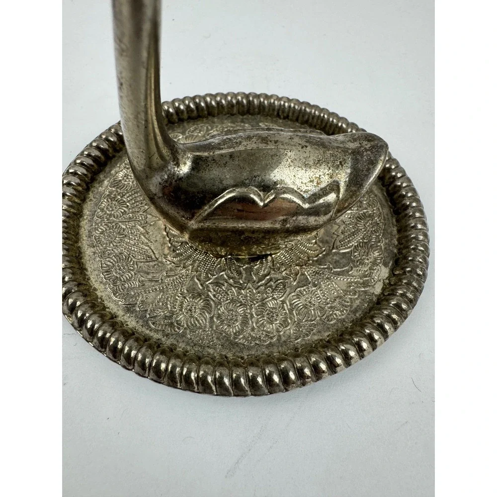 Vintage Silver Tone Swan Ring Holder Engraved Floral Base Jewelry Dish 4 Inch